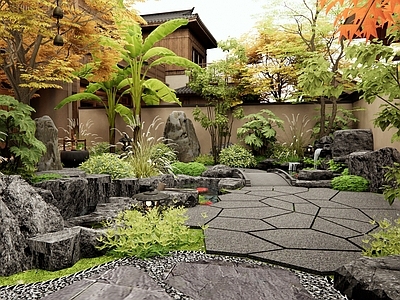日式新中式庭院 假山水景 景观树 植物景观 景观石头 红枫