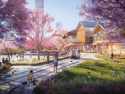 现代街道外景 商业街外景 樱花大道 商业街效果图