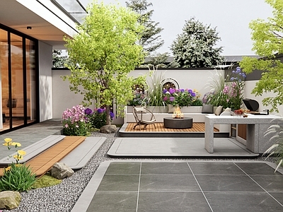 现代庭院 花草植物 户外操作台 景观树 户外椅 花池