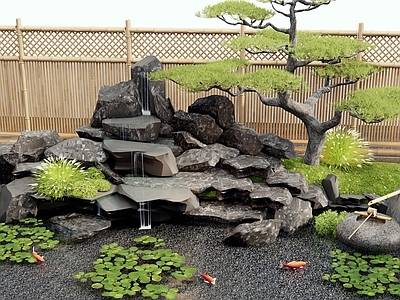 日式新中式假山水景 水景 假山 松树 水生植物 竹围栏
