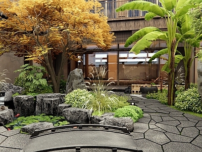 新中式日式庭院 民宿庭院 假山水景 石板路 枫树 灌木植物