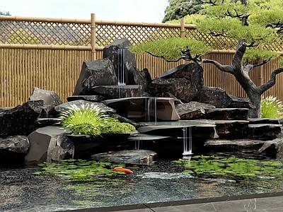 新中式假山水景 水景 假山 鱼池 水生植物 松树