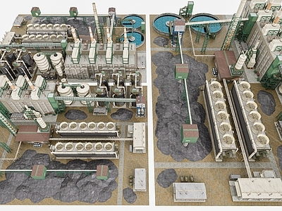 现代其他工业建筑 冶炼工厂 工厂排污烟囱 工业区工厂建筑 工业建筑 冶金生产工厂建