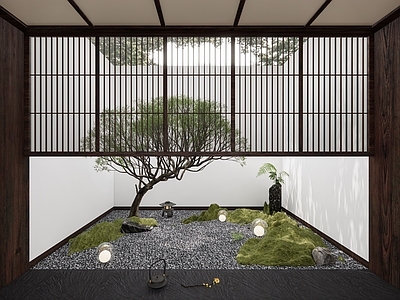日式室内景观 景观造景 庭院景观 庭院小品 歪脖子景观树 枯山水