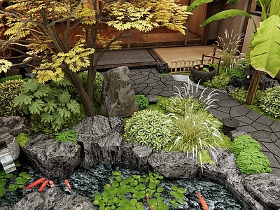 日式新中式庭院 民宿庭院 乡村庭院 假山水景 鱼池 灌木