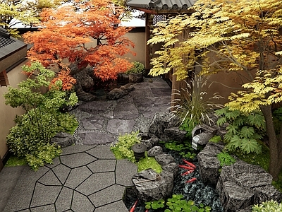 日式新中式乡村庭院 民宿庭院 假山水景 锦鲤鱼池 灌木 景观树