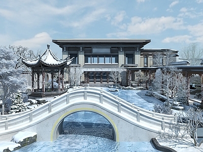 中式住宅景观 中式园林景观 雪景园林景观