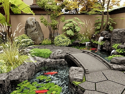 日式新中式假山水景 水景 锦鲤鱼池 石板路 灌木 庭院花园