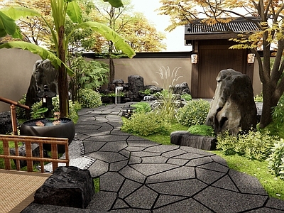 日式新中式庭院 民宿庭院 假山水景 鱼池 植物景观 灌木