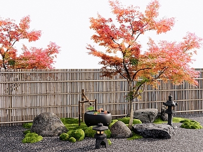 日式禅意庭院 红枫 枫树 枯山水 苔藓石头 水钵