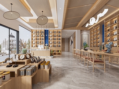 新中式原木茶叶店 茶叶店 挂画 吊灯 栅格灯 置物架