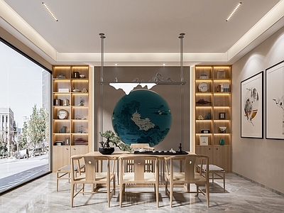 新中式现代休息区 茶室 吊灯 挂画 装饰柜