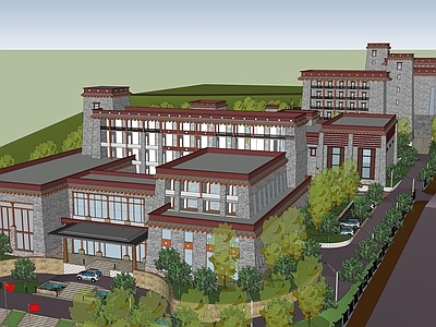 中式新中式学校建筑 藏族风格学校 学校操场 教学楼学校 学校鸟瞰