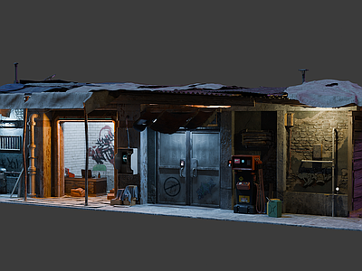 现代工业风格建筑 赛博朋克建筑 维修店 破旧房屋 贫民区