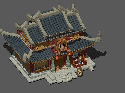中式复古古建筑 拍卖店 古建筑 仿古卡通古建