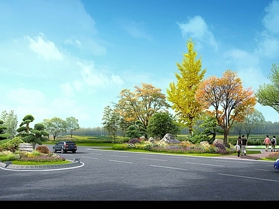 现代街道外景 市政道路 植物 效果图 psd
