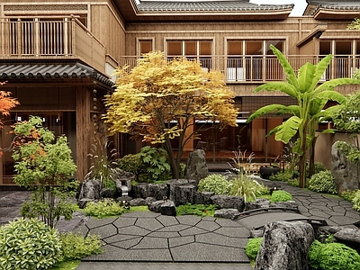 日式新中式庭院 民宿庭院 假山水景 景观树 红枫 灌木