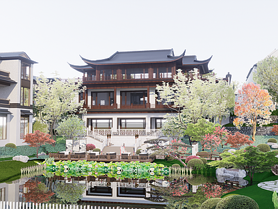 中式新中式滨水景观 中式合院 江南风别墅 洋房住宅 曲桥景观