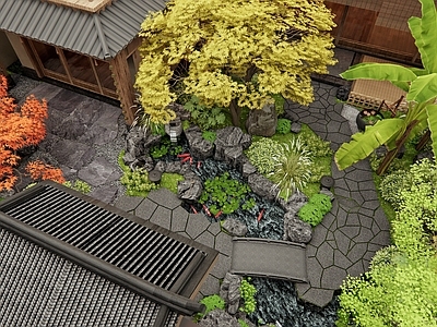 日式新中式庭院 假山水景 鱼池 景观树 石板路 枫树