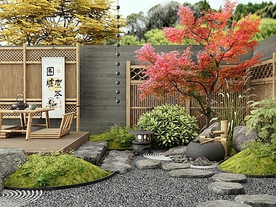 日式禅意庭院 红枫 植物造景 灌木 汀步 竹篱笆围栏
