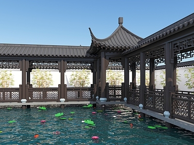中式亭子 游廊 连廊 四角亭 水景 古建