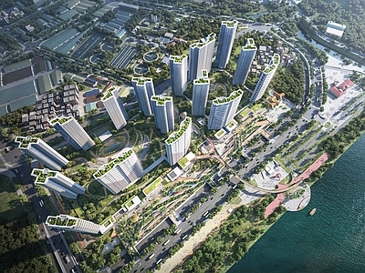 现代轻奢高层住宅 架空 中央花园 高层建筑