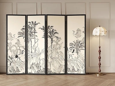 法式中古屏风 植物画屏风 落地灯