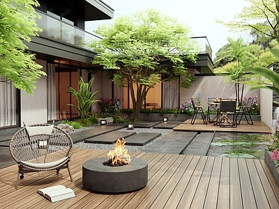 现代庭院 别墅庭院 户外桌椅 花草植物 景观树 流水景墙