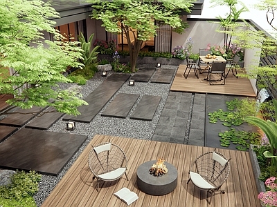 现代别墅庭院 户外桌椅 花草植物 景观树 流水景墙 石板汀步