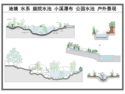 现代假山水景图库 水池池塘 庭院水系 小溪瀑布 景观剖面图 户外河流 施工图