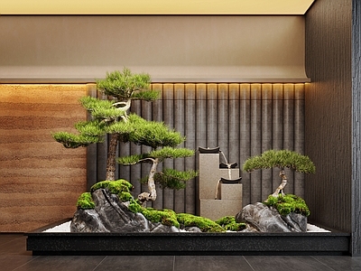 新中式室内景观 新中式室内景观 松树 苔藓 景观石
