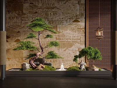 新中式室内景观 新中式室内景观 松树 景观石 苔藓