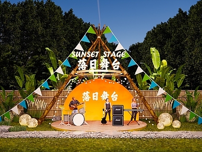 新中式舞台 营地网红落日 户外营地临时 露营音乐 木制表演 网红露营氛围