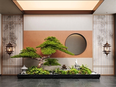 新中式室内景观 新中式室内景观 植物造景 松树 藓 景观石