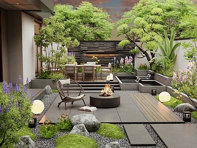 现代庭院 别墅庭院 水景 灌木 景观树 花草