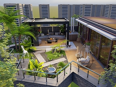 现代新中式屋顶花园 阳台 庭院 屋顶花园 凉亭 小品