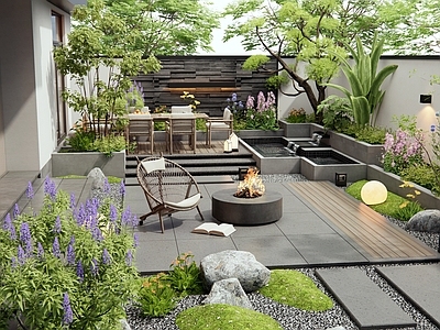 现代庭院 别墅庭院 灌木 花草 户外桌椅 水景
