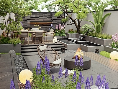 现代庭院 别墅庭院 户外桌椅 花草植物 水景 灌木