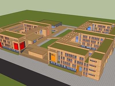 现代新中式学校建筑 教学楼学校 学校操场 学校鸟瞰