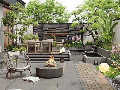 现代庭院 别墅庭院 户外桌椅 花草 景观树 灌木