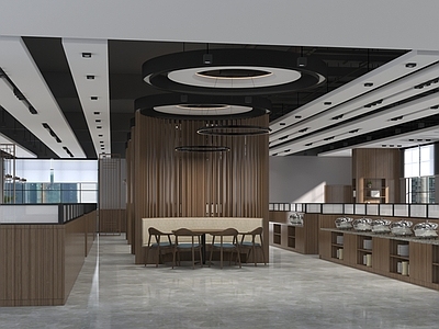 现代原木自助餐厅 餐桌椅组合 自助区 木格栅隔断 包柱展示柜 圆形卡座区