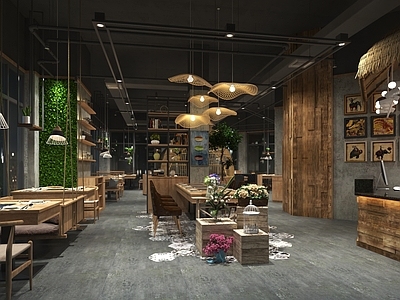 原木工业快餐店 原木餐桌椅 圆形卡座区 鸟笼卡座 混搭餐厅 工业风展示架
