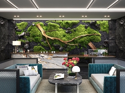 现代酒店大堂 现代酒店大厅吧台 苔藓墙枯木 休闲沙发 吧台