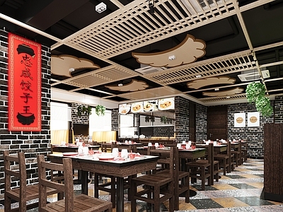 中式新中式中餐厅 中式快餐店 面食餐厅 木质云朵天花 木质隔断吊顶 实木餐桌椅