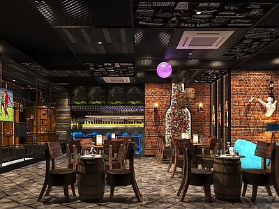 现代工业酒吧 啤酒蒸馏桶 复古酒吧桌椅 酒桶桌 工业金属格栅吊顶 酒瓶装饰墙