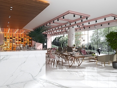 现代北欧咖啡厅 粉色咖啡店 北欧餐桌椅组合 白色大理石吧台 粉色轨道射灯 饰品陈列展示墙