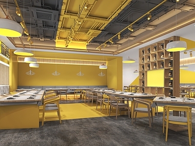 现代北欧快餐店 黄色快餐店 北欧餐桌椅组合 档口吧台 原木餐厅 玻璃门隔断门头