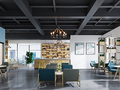 现代北欧休息区 办公休息区 办公休闲区 北欧吧台吧椅组合 北欧休闲桌椅组合 工业风展示架