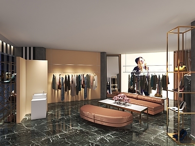 现代工业服装店 女装店 鞋店 轻奢沙发茶几组合 服装店橱窗 服装店门头