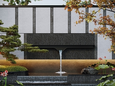 现代假山水景 现代水景观 庭院水景 叠水 鱼池 景墙